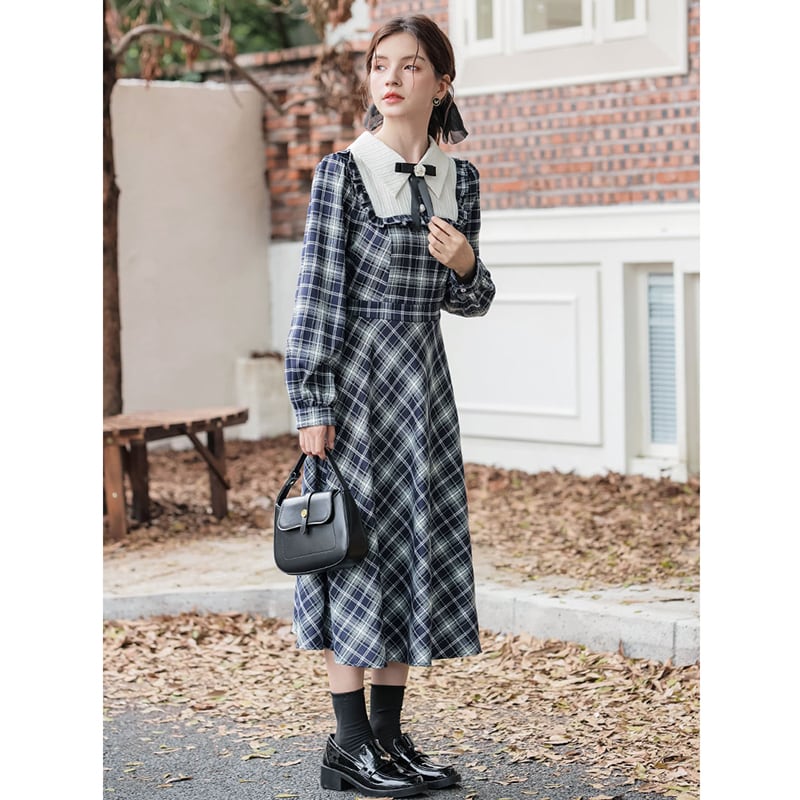 [Big Orange Series] ★One Piece★ Plaid Retro Ladies Commuting Date School Blue Blue Cute