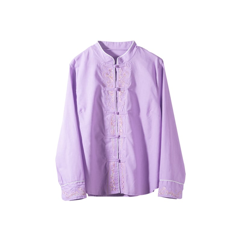 [Qing Series]★China style tops★ 3color embroidery long sleeve shirt simple easy to match Blue Yellow Purple