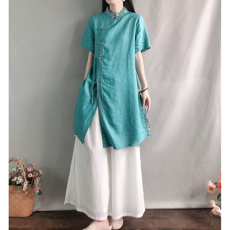 [Kofuku Series]★China style shirt★ 4color long shirt ethnic style blue white pink yellow