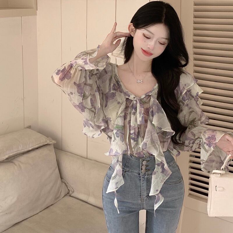 [XIXIBI Series]★Blouse★ Tops, Floral pattern, Improves temperament, Women's fashion, Easy to match, Cute