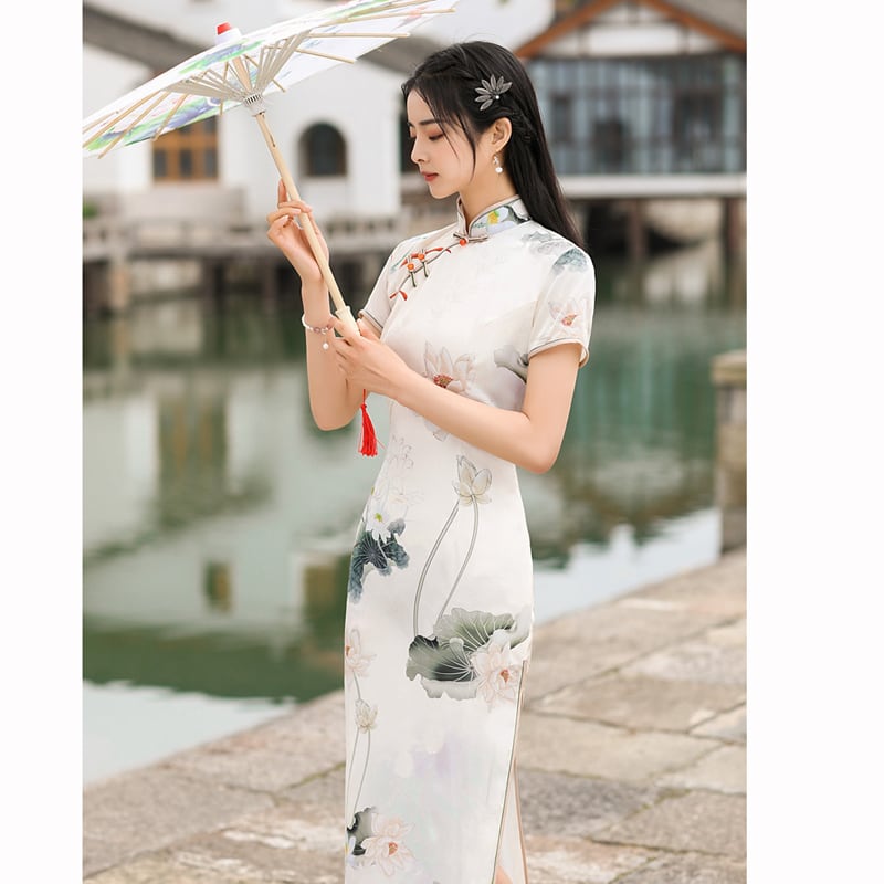 [RUYUN Series]★China Dress★ One Piece Long Length Lotus Lotus Short Sleeve Long Length Large Size