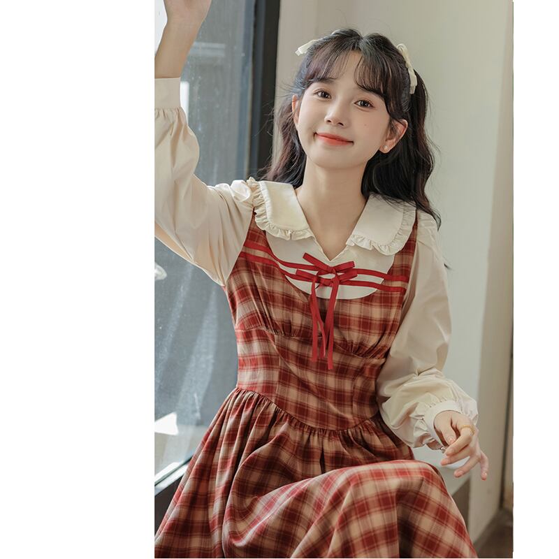 [MEIYI Series] ★One Piece★ Ladies Plaid Faux Layered Commuting Date Red Red