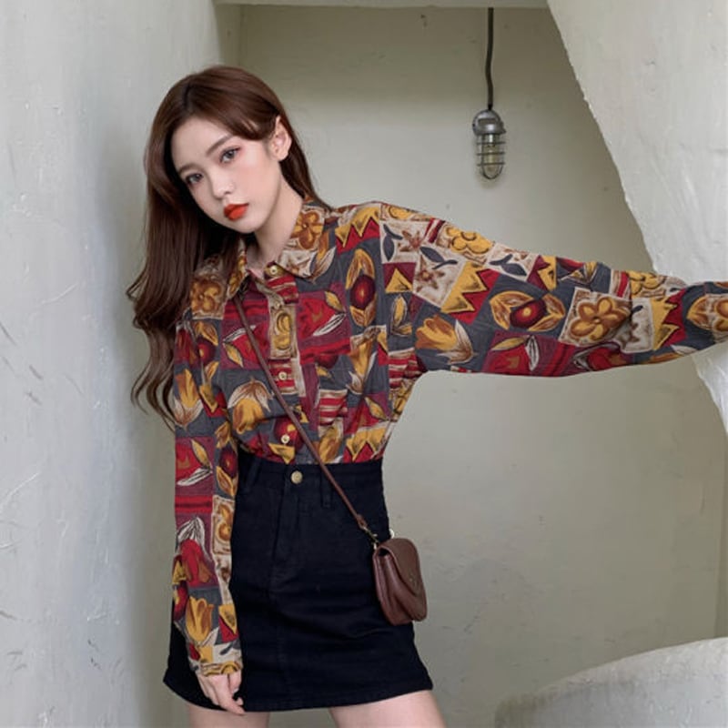 [YOUZI Series]★Retro Shirt★ Tops Printed Long Sleeve Shirt Floral Pattern Oil Painting Style Commuting Date Cute Thin