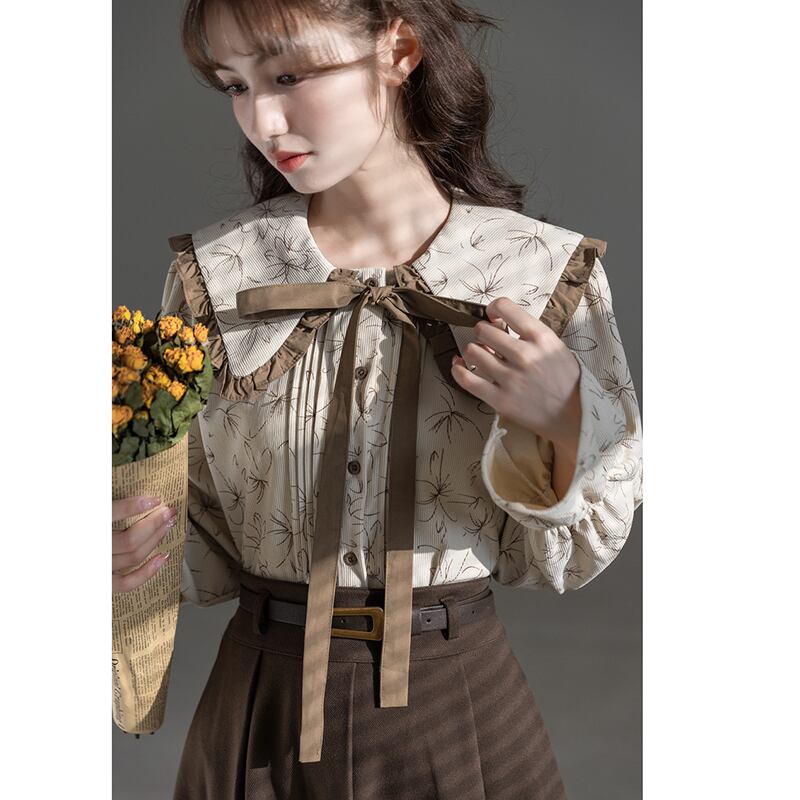 [GUIDUO Series]★Shirt★ Tops, Long Sleeve Shirt, Floral Pattern, Women's, Improves Temperament, Ribbon, Cute, Date, Commuting