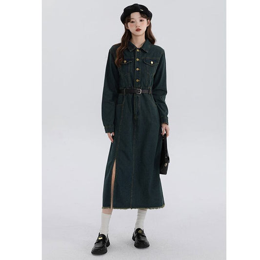 [Minami no Mori Series] ★Dress★ Denim dress with belt, retro, slimming, easy to match SML