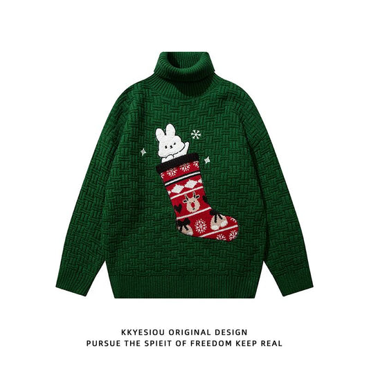 [KKYESIOU Series]★Sweater★ 3color Tops High Neck Christmas New Year Rabbit Unisex Men's Red Green Black