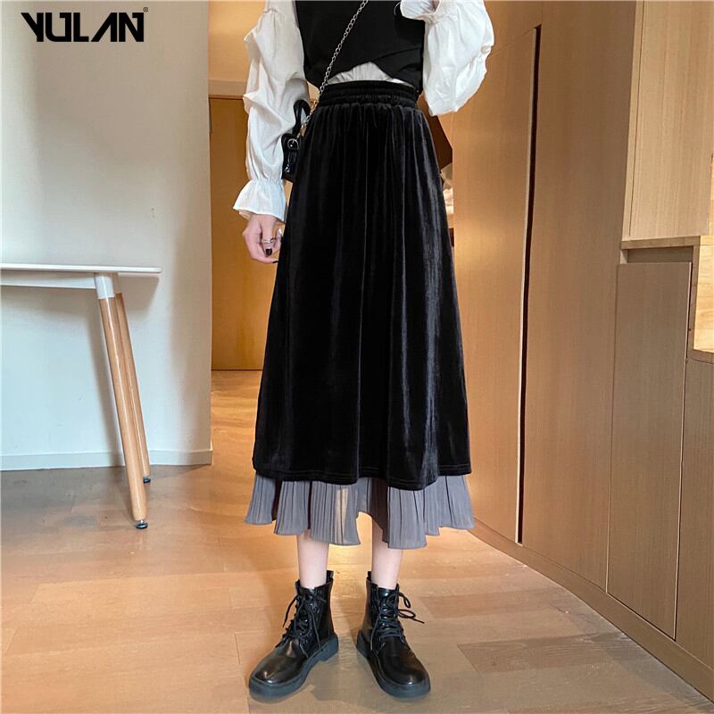 [Goran series] ★Long skirt★ Bottoms Velvet High waist Layered style Easy to match A-line