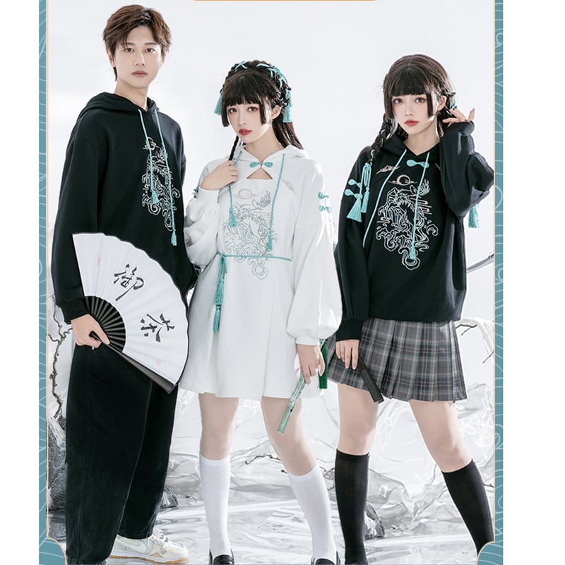 [Ochaya Series]★China style dress★ 2color black or white embroidery parka dress Chinese button cute