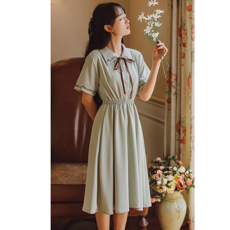 [Shukunsho series]★China style dress★2color embroidery long length short sleeve summer cute easy to match beige green