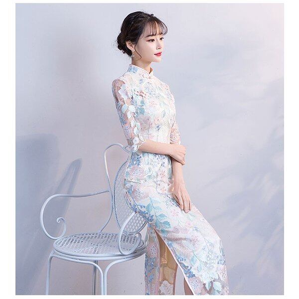 Embroidery Long Chinese Dress One Piece After-Party Mother's Day Birthday Wedding Reception Half Sleeve Blue Blue Large Size