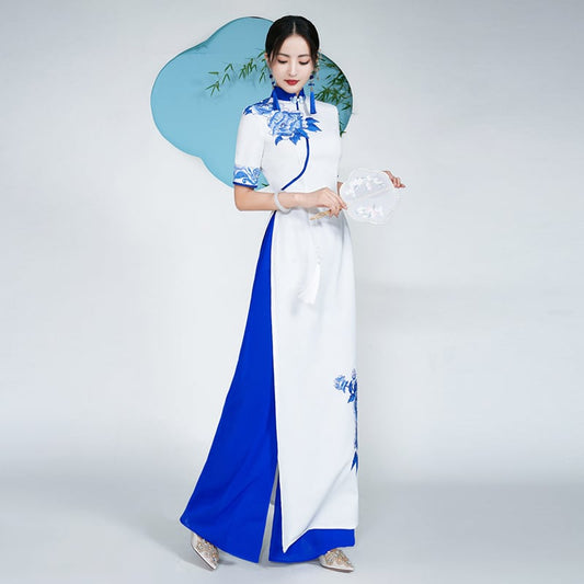 [Yuken Yumori Series] ★China style dress★ Embroidered long length large size party dress dyed series white blue