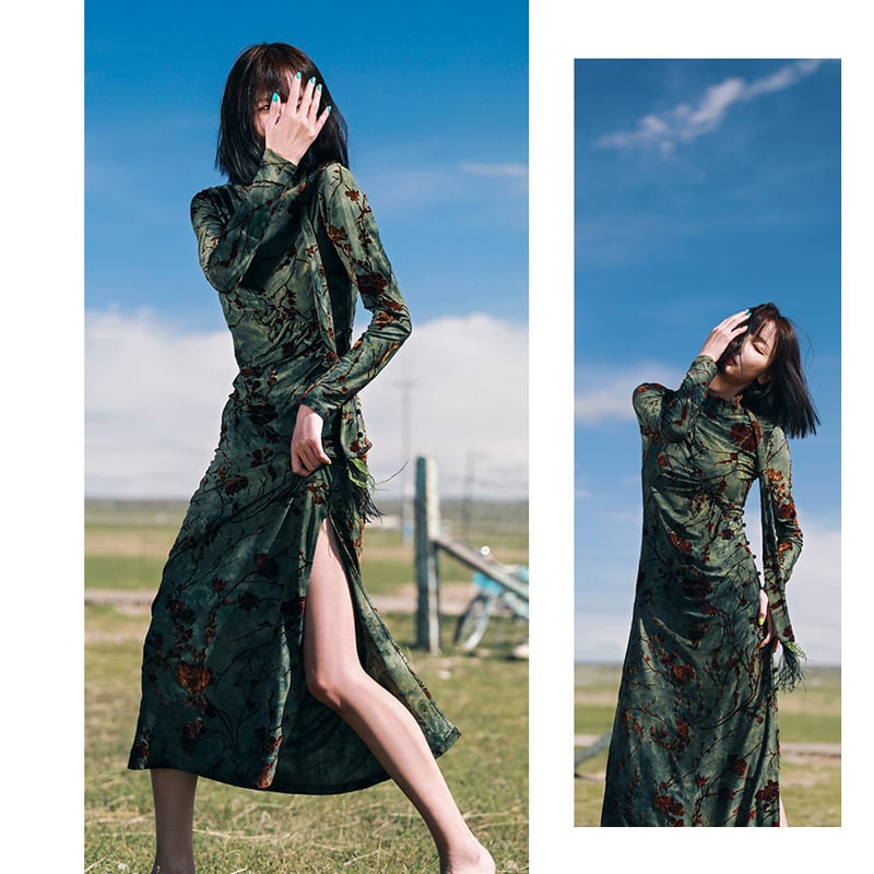 [Da Qinglong Shu Series] ★China style dress★ 2 colors Green or blue Velvet High neck Slim Slimming Feminine