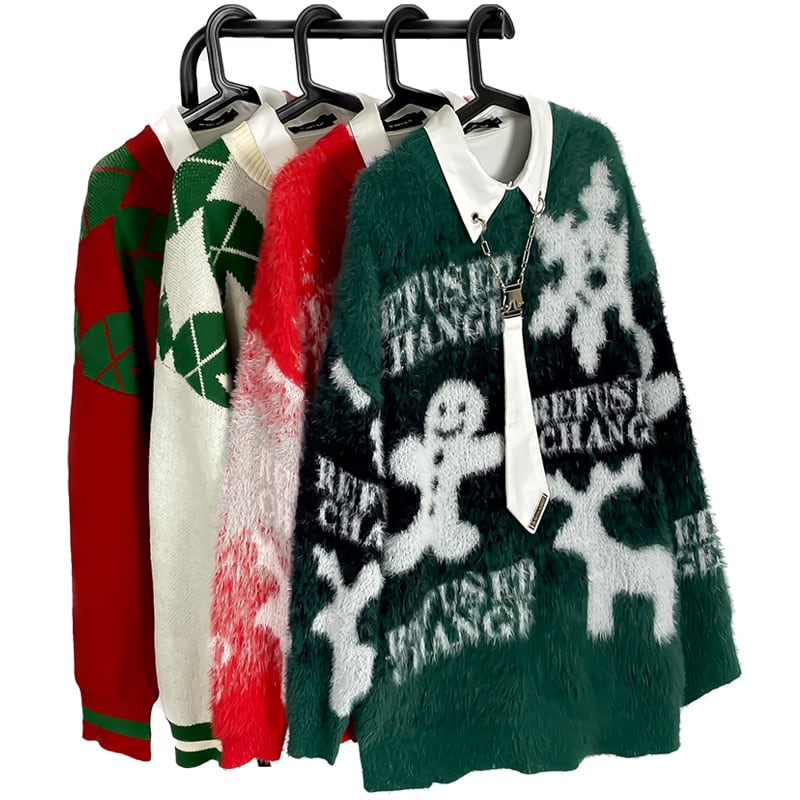 [GUOCHAO Series]★Sweater★ 2color Tops Christmas New Year Snowman Unisex Men's Red Green