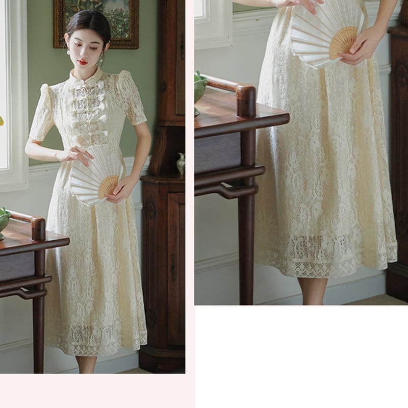 [BAIRIMENG Series]★China style dress★ Lace dress Improved Chinese dress Summer clothes Beige