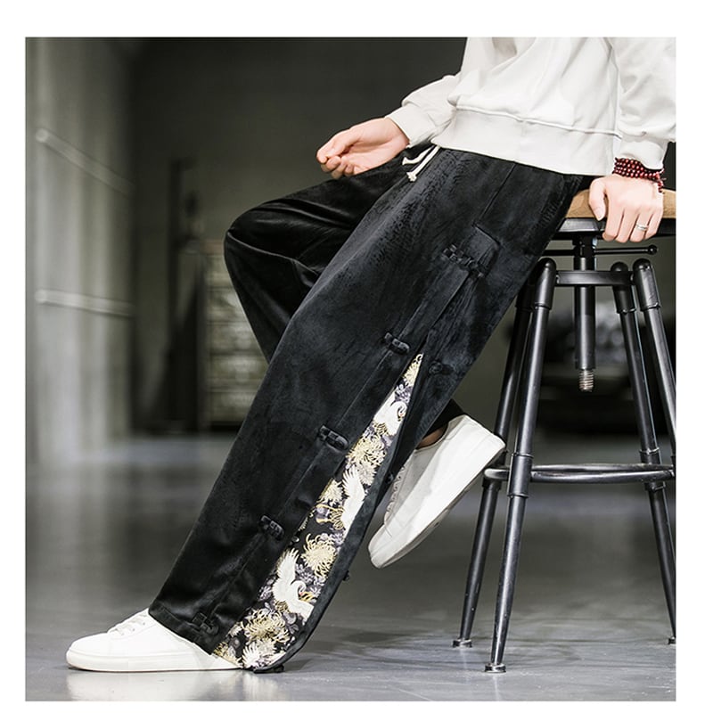 [PINZHI Series]★China style trousers★ 2color black or gray brushed lining casual pants crane thick warm