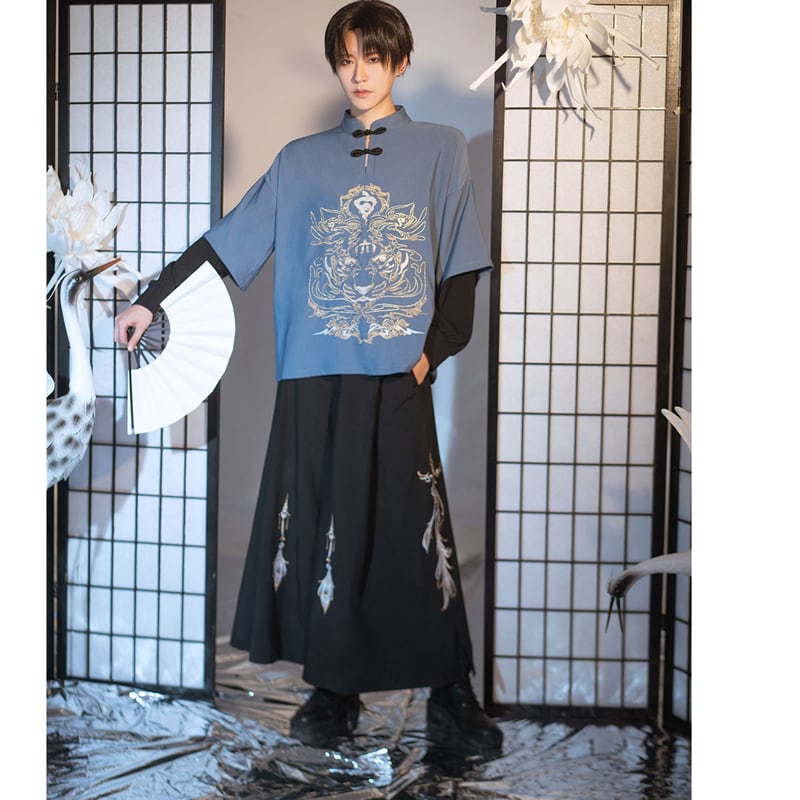 [Kyodo Series] ★China style tops★ Embroidered unisex costume couple clothes men's blue black large size