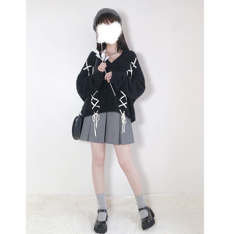 [Nekogan Series]★Sweater★ 2color Black or Gray Tops V-neck Fluffy Loose Black Date Cute