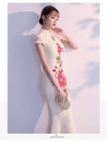 Load image into Gallery viewer, Chinese dress, party dress, dress, Chinese style clothing, girls' night out, reunion, stand neck, short sleeve, long length, maxi length, elegant, slimming, cute, large size, SML, XL, 2XL, improved Chinese dress, mermaid line, lace
