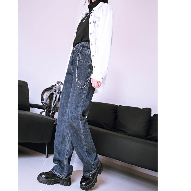 [Kokaisha---Tide Law Series] ★Denim pants with chain★ 2color bottoms slimming black gray blue SML XL