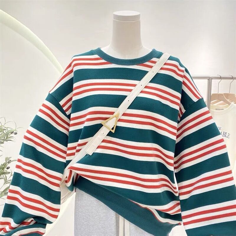 [Rakupei Series] ★Tops★ Horizontal striped pattern Color scheme Fashion Green Green Women's S M L XL Cute