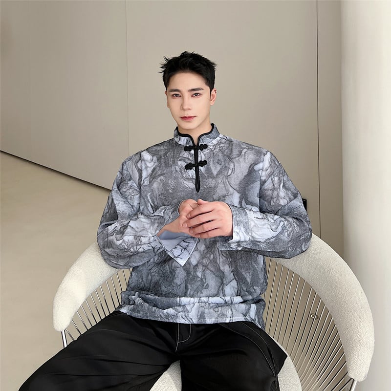 [Illustrated Series]★China Style Shirt★ Tops Unisex Men's Ink Pattern Print Retro China Button Spring Clothes