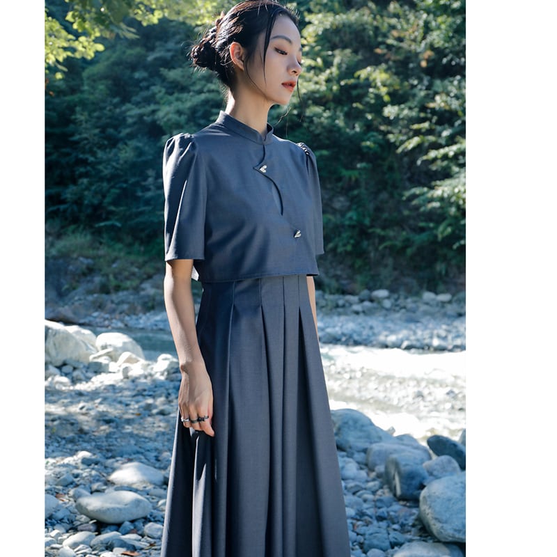 [Big Blue Dragon Series] ★China style dress★ Faux layered stand neck gray gray slimming wear