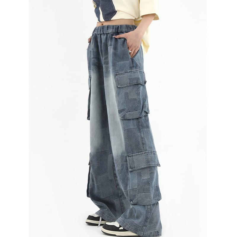 [Studios Series]★Denim Pants★ Bottoms Unisex Men's Trousers Plaid Pattern Elastic Waist Retro