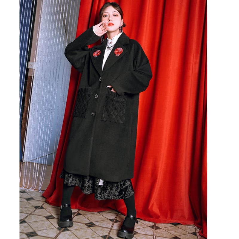 [Ancient ghost house---Shanhai-kei series] ★China style coat★ Lasha embroidery, long length, thick, black, black, easy to match