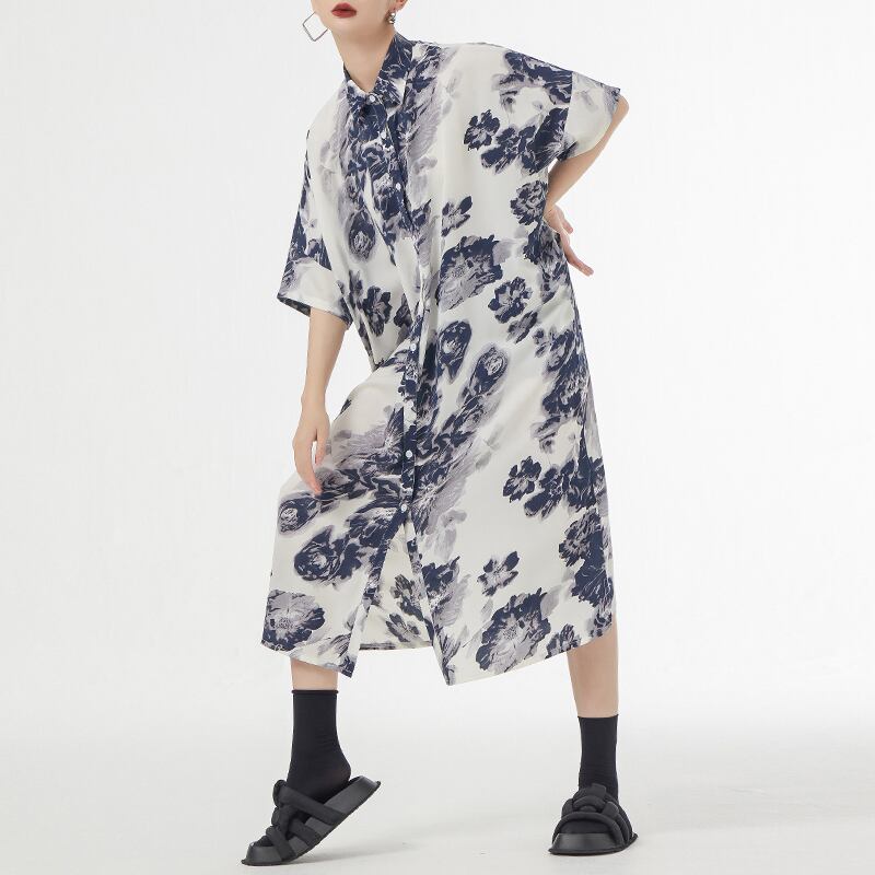 [YIDAO Series]★Shirt dress★ 2color long shirt print retro floral pattern loose casual summer clothes