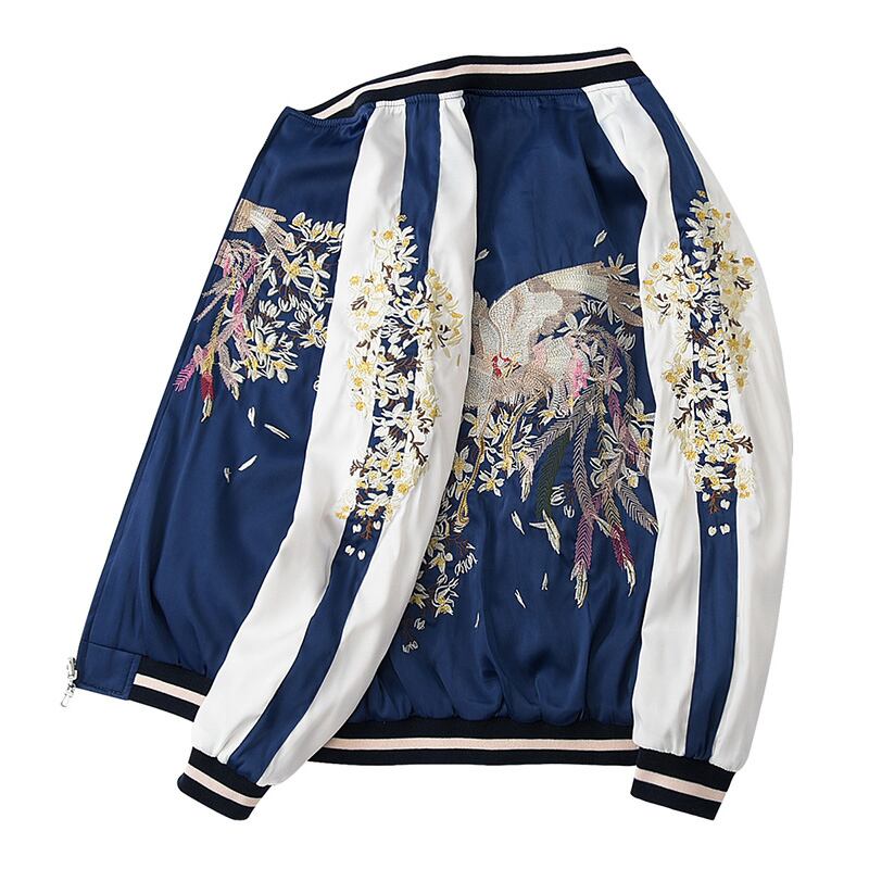 Embroidered stadium jacket, clothes that can be worn on both sides, casual, long sleeve, cute, blue, large size