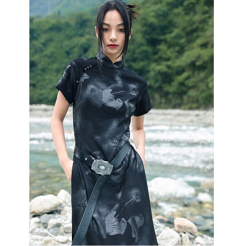 [Big Blue Dragon Series] ★China style tops★ Long tops, slit dress, design, slimming, floral pattern