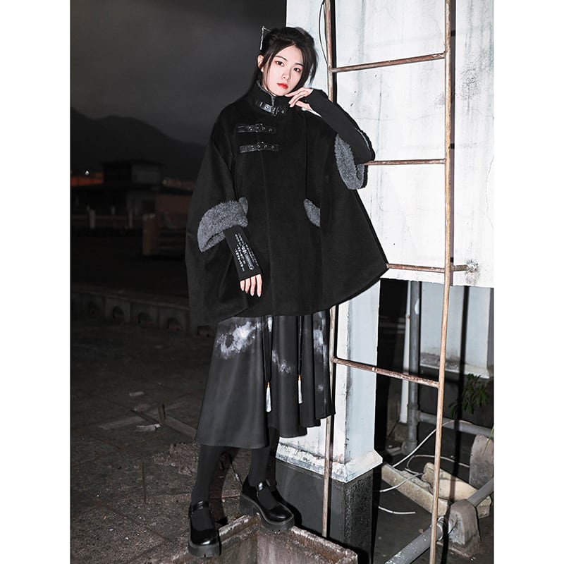 [Ancient monster house---Shanhai Jing Kunlun series] ★China style coat★ Outer coat Lasha loose thick warm black black cloak coat