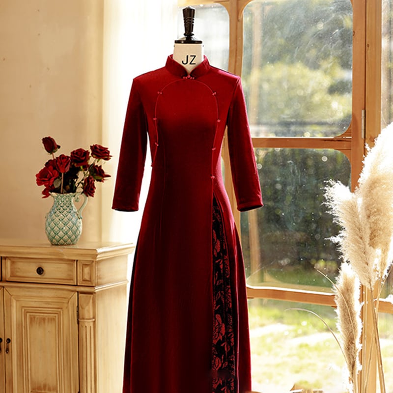 [ZHEZI Series]★China Dress★ 2color Velvet Dress Large Size Long Length Black Red