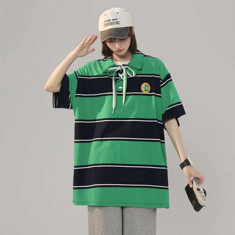 [CHAOMEICHEN Series]★Polo shirt★ 3color tops, short sleeve T-shirt, unisex, men's, striped pattern, horizontal stripes