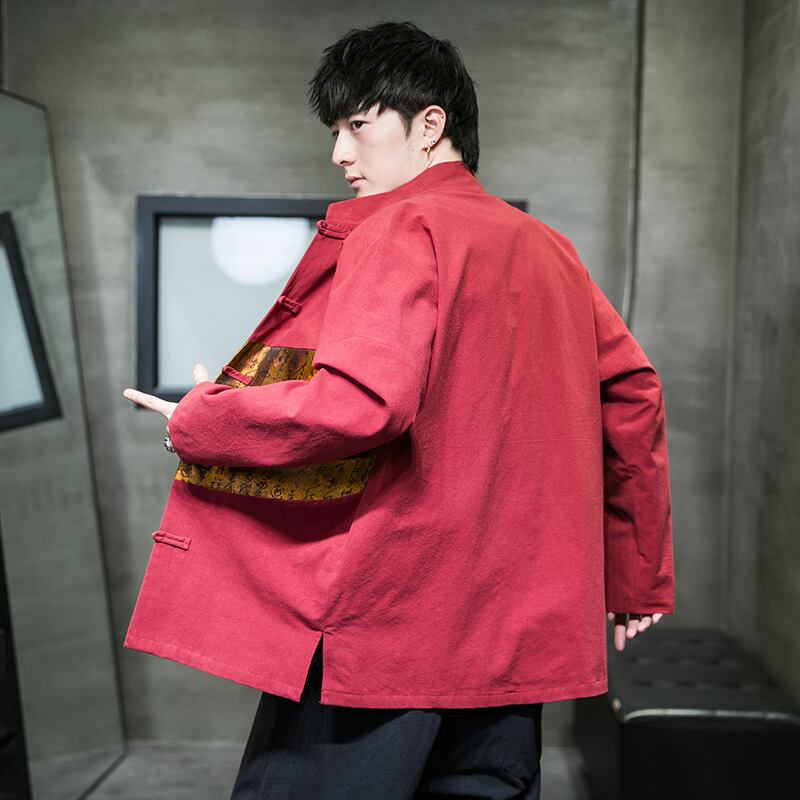 [RENCHAO Series] ★China style outerwear★ 2color jacket unisex men's switching letter pattern black red