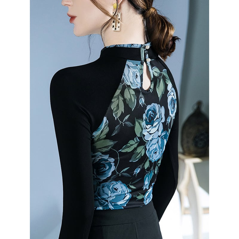 [ZHUOYAN Series]★China style top★ T-shirt, switching, floral pattern, long sleeve, sexy, slim, slimming, easy to match