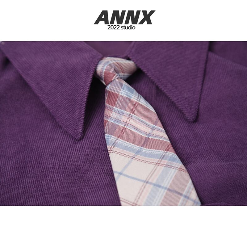 [YOUZI series]★Shirt with tie★ 2color mini length corduroy tops light brown purple