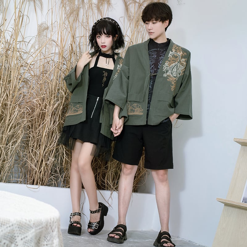 [Kyodo Series] ★China style outerwear★ 2color black or green happi coat dragon embroidery unisex couple clothes men's cotton linen