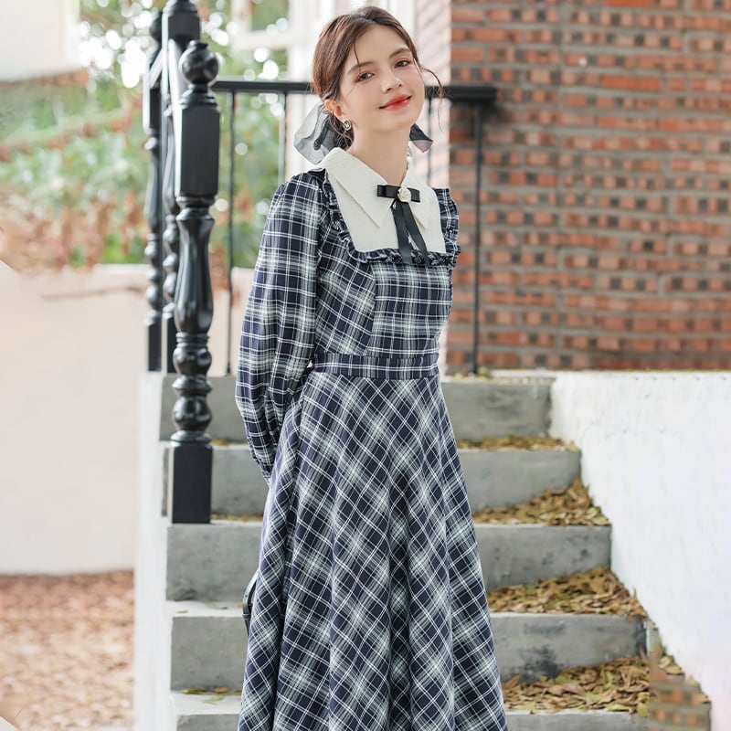 [Big Orange Series] ★One Piece★ Plaid Retro Ladies Commuting Date School Blue Blue Cute