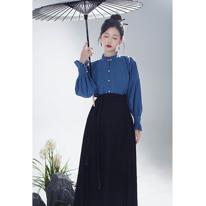 [WUJIA Series]★China style shirt★ Tops Long sleeve shirt Improves temperament Blue Blue Easy to match S M L XL