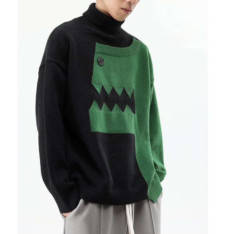 [CHAOJIEQU Series]★Sweater★ 3color Unisex Men's Dinosaur Animal Color Scheme High Neck Black Green Pink ML XL 2XL