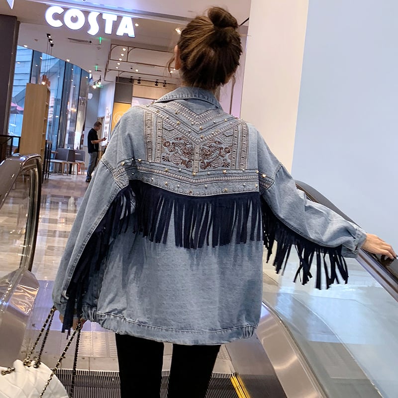 [YOUYA Series]★Jacket★2color Denim Jacket Outer Fringe Embroidery Loose Stylish