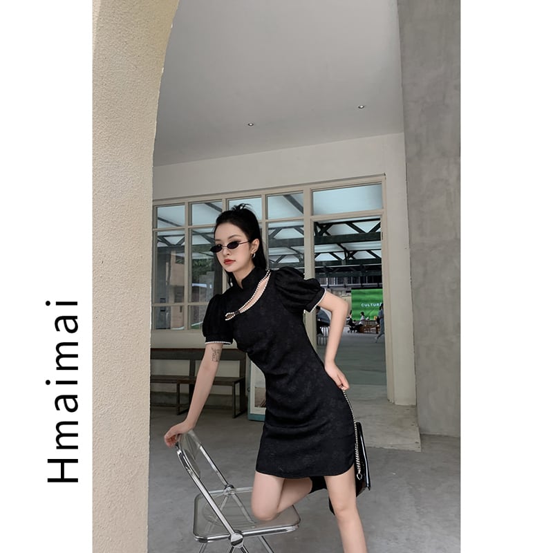 [Hmaimai Series] ★China style dress★ Sexy short sleeve short length cheongsam dress slimming black