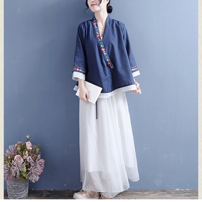 [Qing Series]★China style shirt★ Tops 5 colors White Pink Blue Purple Blue Green V-neck Embroidery Three-quarter sleeves