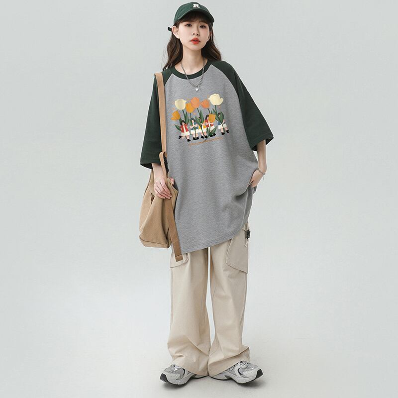 【藤伊曼シリーズ】★Tシャツ★ 3color トップス 男女兼用 メンズ 配色 花 カジュアル 合わせやすい