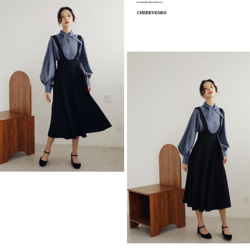 [Ki no Kimono Series]★Setup★ 2 pieces Shirt + Hanging skirt Blue Black Slimming Lantern sleeve S M L XL