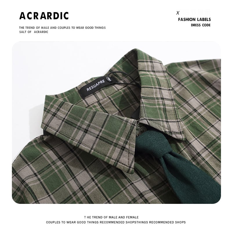 [HTTAOSUP Series]★Shirt with tie★ Check pattern tops short sleeve shirt Unisex Men's Green ML XL