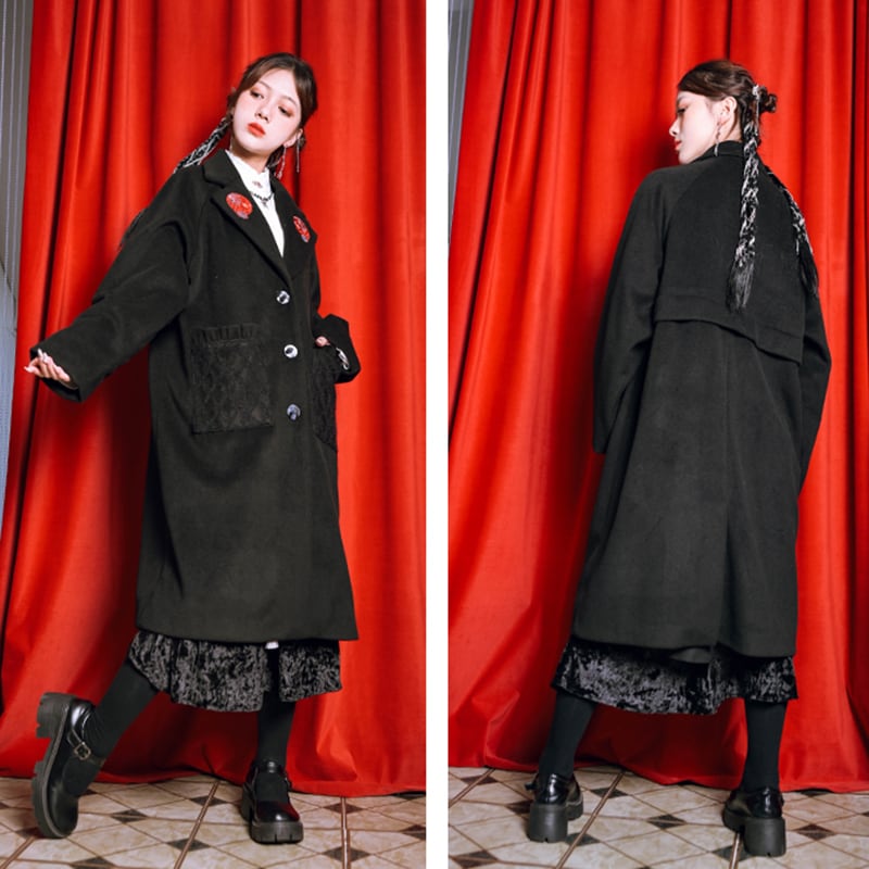 [Ancient ghost house---Shanhai-kei series] ★China style coat★ Lasha embroidery, long length, thick, black, black, easy to match