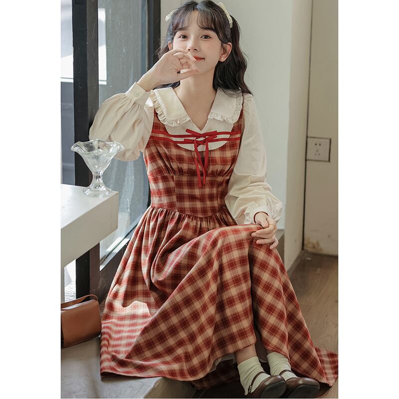 [MEIYI Series] ★One Piece★ Ladies Plaid Faux Layered Commuting Date Red Red