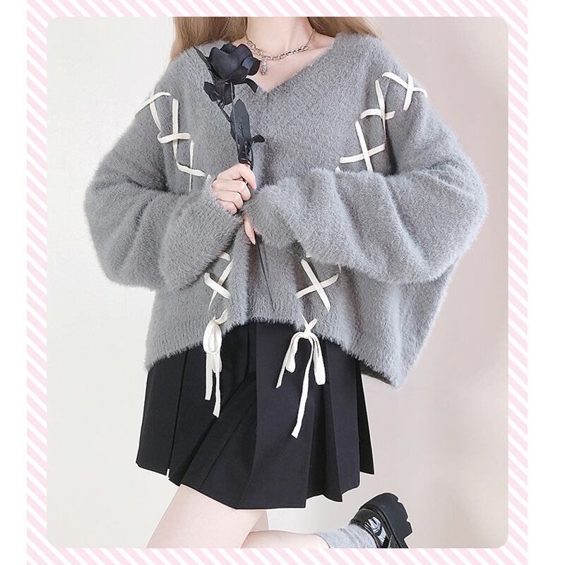 [Nekogan Series]★Sweater★ 2color Black or Gray Tops V-neck Fluffy Loose Black Date Cute